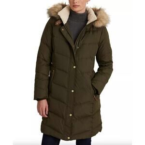 Ralph Lauren Women's Olive Green Long Puffer Coat Fur Hood Medium Down Filled